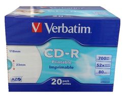  CD-R Verbatim 700 Mb 52x DL+ AZO Wide Inkjet Printable Slim Case 20 .